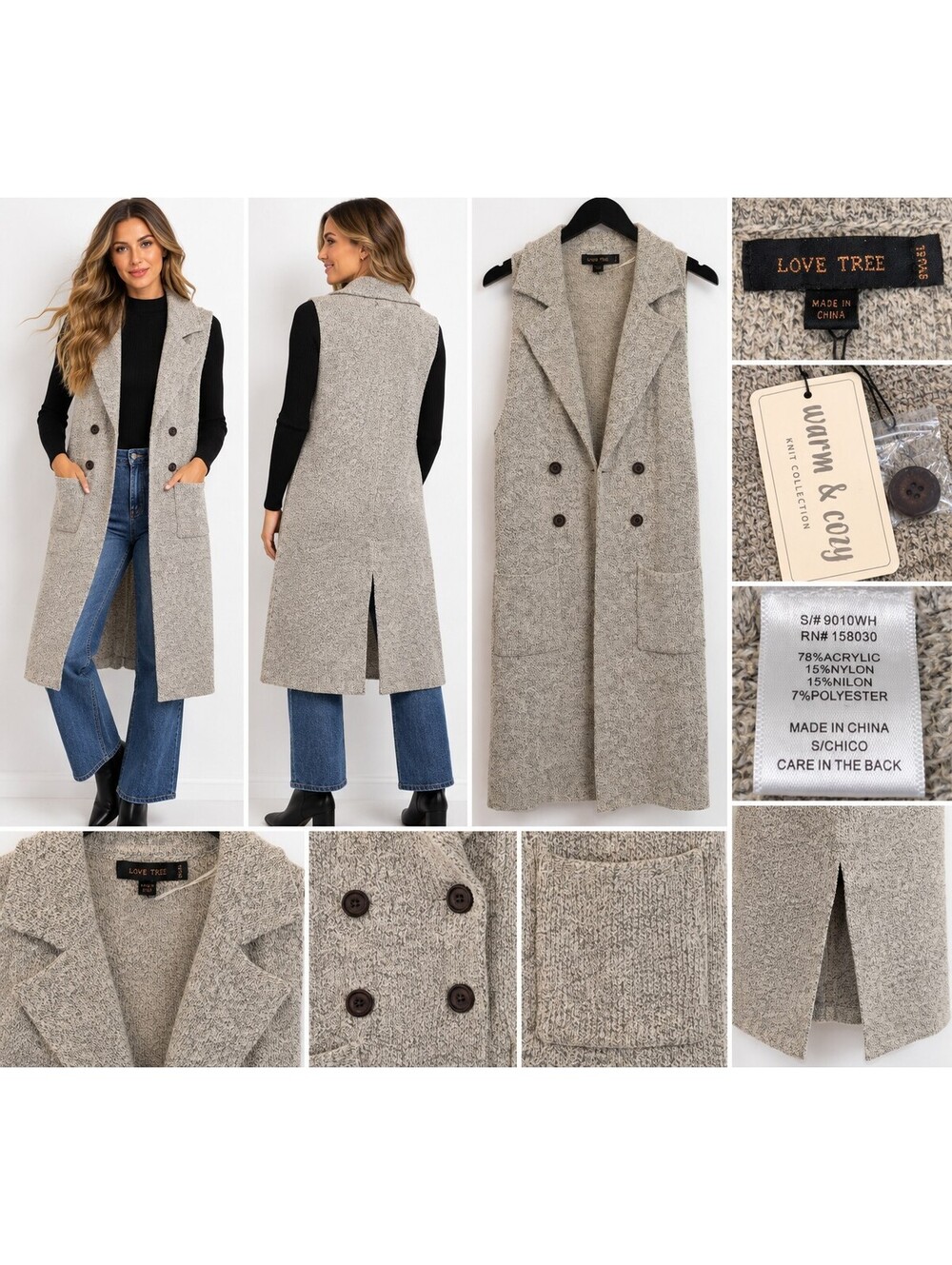 NWT Love Tree Longline Knit Vest Small Gray Double Breasted Duster